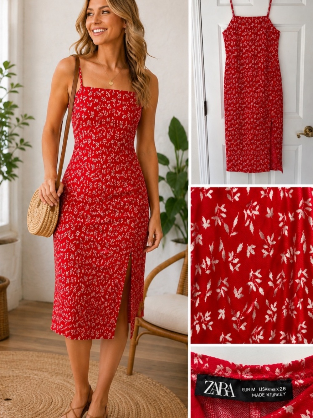 Zara Red Floral Midi Dress | Side Slit | Spaghetti Strap | Size M